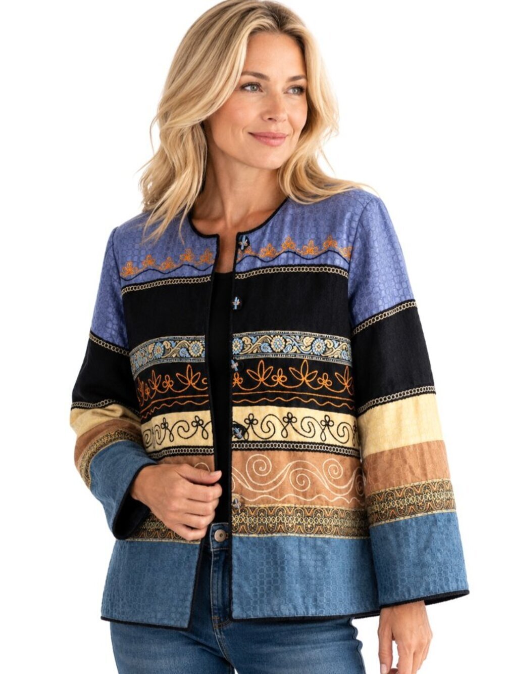 Vintage Allure Blue Tan Cotton Jacquard Metallic Embroidered Jacket